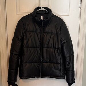 Women’s Faux Leather Black Puffer Jacket